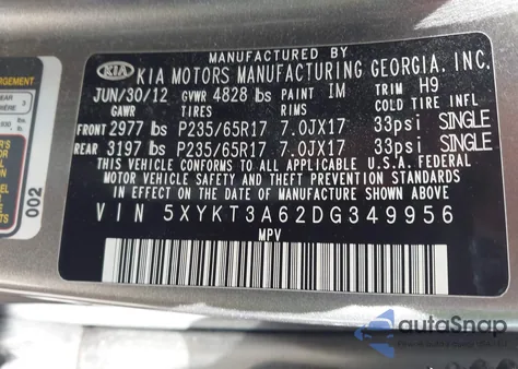 2013 Kia Sorento Lx z USA, uszkodzony, nr VIN 5XYKT3A62DG349956